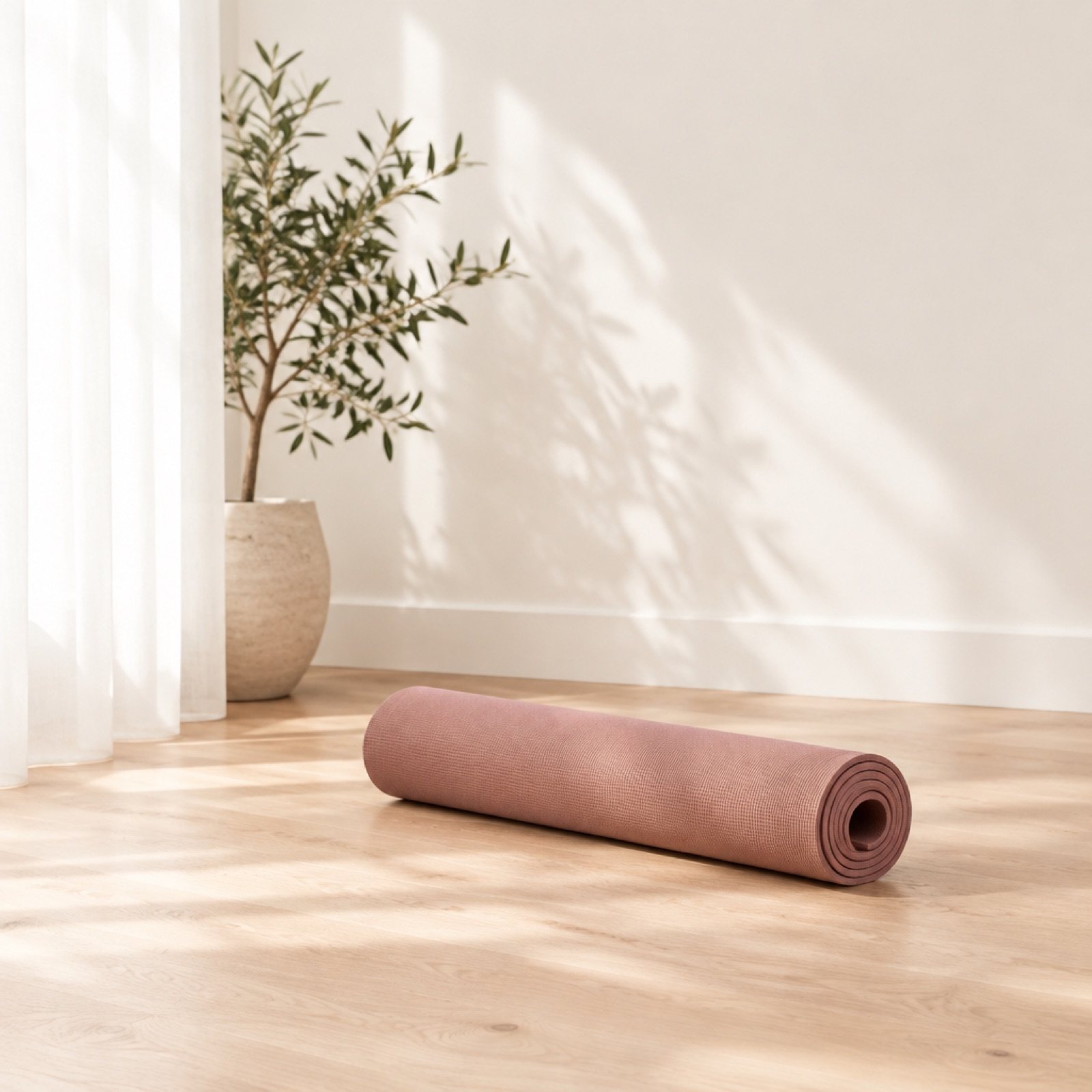 A rolled dusty rose yoga mat