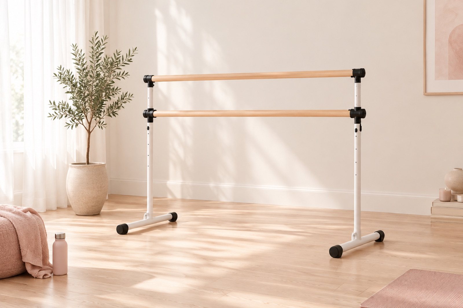 A double-rail adjustable freestanding ballet barre with white posts