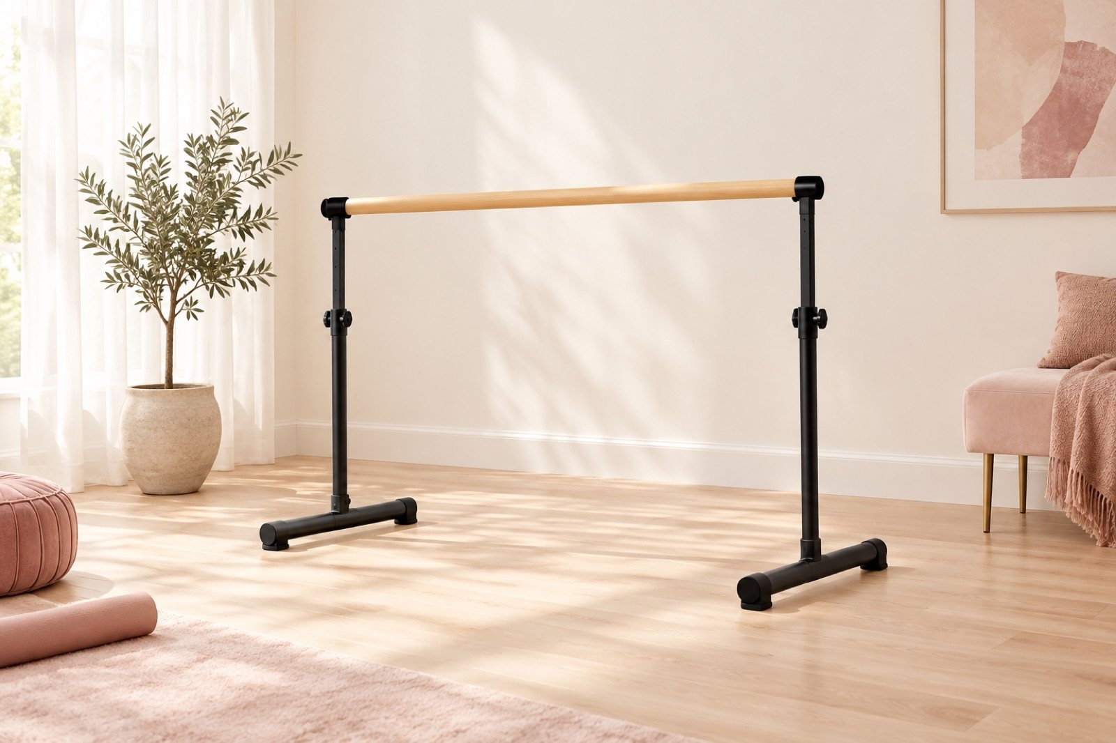 A single-rail freestanding ballet barre with black posts on an oak floor