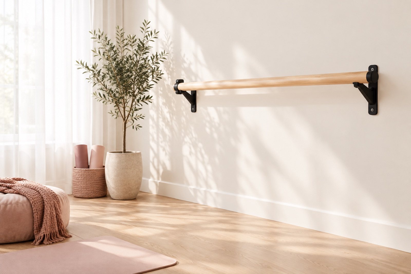 A wall-mounted wooden ballet barre on black brackets against a cream wall