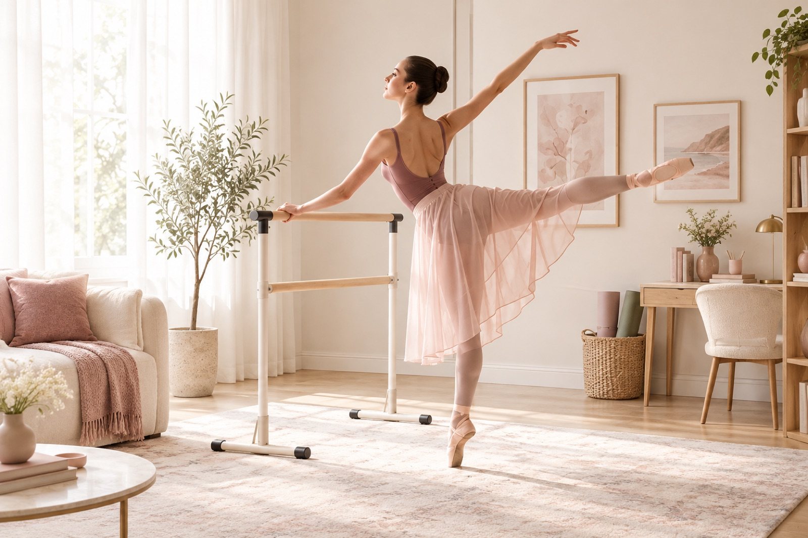 A living room with a portable barre on a rug between a sofa and a desk